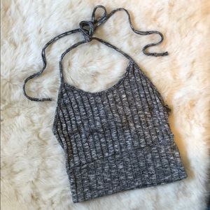Grey Ribbed Knit Halter Top